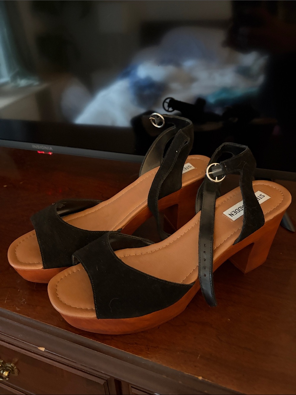 Steve Madden Black Suede Platform Sandals with Tan Wood Block Heel